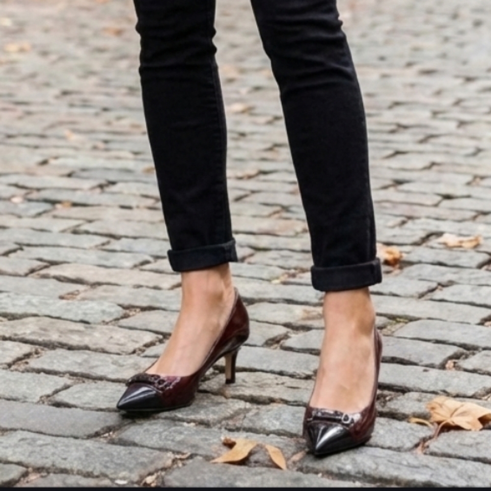 Coach Cranberry and Black Patent Mid-Heel Pumps - Picture 3 of 6